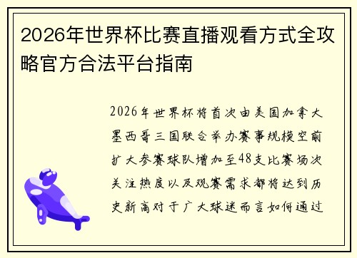 2026年世界杯比赛直播观看方式全攻略官方合法平台指南